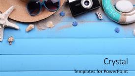  Presentation with accessories - Colorful presentation design enhanced with travel accessories on wooden background backdrop and a  colored foreground