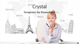  Presentation with old nautical vintage world map - Theme with travel agent - beautiful young businesswoman with world background and a white colored foreground