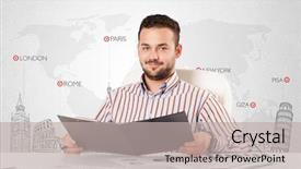  Presentation with world travel - Beautiful PPT theme featuring travel agent - handsome young businessman with world backdrop and a  colored foreground