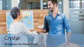  Presentation with business travel - Slide deck with travel agent - smiling business people shaking hands background and a light blue colored foreground