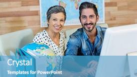  Presentation with camera - Colorful presentation design enhanced with travel agent - smiling business people smiling backdrop and a  colored foreground