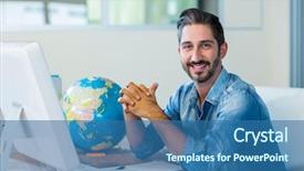  Presentation with desk - Beautiful slide set featuring travel agent - smiling businessman sitting at his backdrop and a  colored foreground