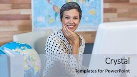  Presentation with desk - Audience pleasing PPT theme consisting of travel agent - smiling businesswoman sitting at her backdrop and a  colored foreground