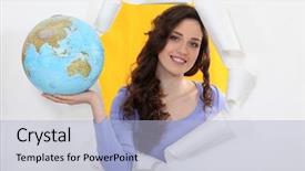  Presentation with cutout paper people standing around globe holding hands - PPT theme with travel agent - woman holding globe background and a light blue colored foreground