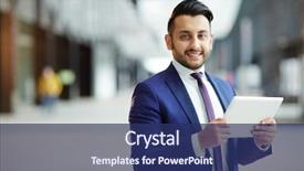  Presentation with airport lounge - Presentation theme with travel agent - young cheerful businessman with tablet background and a ocean colored foreground