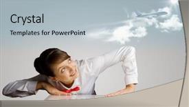  Presentation with airplane - PPT layouts having travel agent - young woman leaning above table background and a light blue colored foreground
