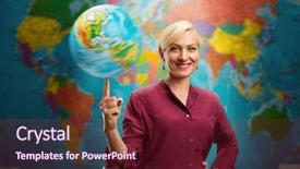  Presentation with travel globe - Beautiful slide deck featuring travel agent woman backdrop and a tawny brown colored foreground