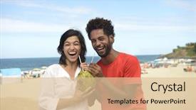  Presentation with coconut water - Slide set having travel america - happy multiracial couple enjoying vacation background and a lemonade colored foreground