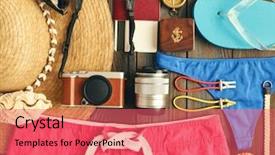  Presentation with flat - Beautiful slide deck featuring travel and beach items flat backdrop and a coral colored foreground