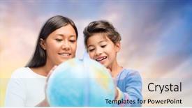  Presentation with travel globe - Cool new PPT layouts with family education travel and people concept - mother and daughter with globe over evening sky background backdrop and a light blue colored foreground