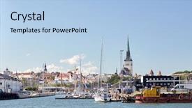  Presentation with sea port - Slide deck consisting of travel and tourism concept - view of sea port harbor and old town in tallinn city background and a light blue colored foreground