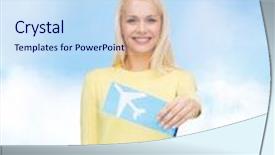  Presentation with ticket - Colorful slide deck enhanced with travel and transportation concept - smiling young woman with airplane ticket backdrop and a sky blue colored foreground