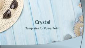  Presentation with space travel - Slide deck enhanced with travel and vacation items on wooden table top view with copy space background and a sky blue colored foreground