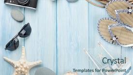 Presentation with space travel - Cool new presentation theme with travel and vacation items on wooden table top view with copy space backdrop and a sky blue colored foreground