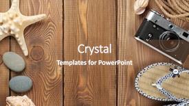  Presentation with space travel - Colorful PPT layouts enhanced with travel and vacation items on wooden table top view with copy space backdrop and a coral colored foreground