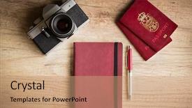  Presentation with passport travel - Presentation with travel arrangement - photo camera and passport background and a coral colored foreground