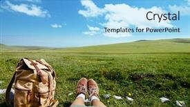  Presentation with green travel - Audience pleasing slides consisting of travel backpack and traveler's foots on green grass in spring field blue sky and clouds idyllic scene backdrop and a light blue colored foreground
