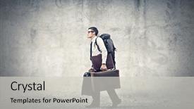  Presentation with office ergonomics man worker exercising - Amazing slide deck having travel backpack and two backdrop and a light gray colored foreground