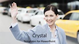  Presentation with business travel - Presentation theme having travel business trip people gesture and tourism concept - smiling young woman over taxi waving hand at airport terminal or railway station background and a light blue colored foreground