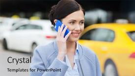  Presentation with tourism business - Cool new PPT theme with travel business trip people and tourism concept - smiling young woman calling and talking on smartphone over taxi station or city street backdrop and a light blue colored foreground