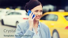  Presentation with tourism business - Colorful theme enhanced with travel business trip people and tourism concept - smiling young woman calling and talking on smartphone over taxi station or city street backdrop and a light blue colored foreground