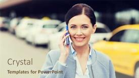 Presentation with tourism business - PPT theme with travel business trip people and tourism concept - smiling young woman calling and talking on smartphone over taxi station or city street background and a soft green colored foreground