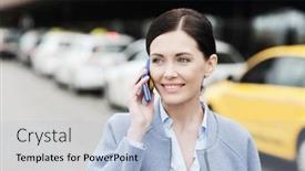  Presentation with tourism business - Colorful slides enhanced with travel business trip people and tourism concept - smiling young woman calling and talking on smartphone over taxi station or city street backdrop and a light blue colored foreground