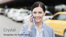  Presentation with tourism business - PPT layouts featuring travel business trip people and tourism concept - smiling young woman calling and talking on smartphone over taxi station or city street background and a light blue colored foreground