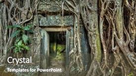  Presentation with tree roots - Slide deck having travel cambodia concept background - ancient stone door and tree roots ta prohm temple ruins angkor cambodia background and a tawny brown colored foreground