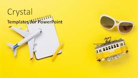  Presentation with tram - PPT layouts having travel-concept-with-notepad-sunglasses background and a yellow colored foreground