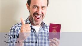  Presentation with passport - Theme enhanced with travel excel - senior man holding spanish passport background and a light blue colored foreground
