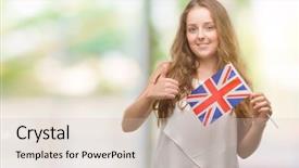  Presentation with blonde holding magnifying glass - Theme consisting of travel excel - young blonde woman holding flag background and a soft green colored foreground