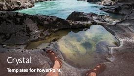  Presentation with pov - Slide set having travel freedom and tourism concept - male legs on the top of mountain pov view background and a violet colored foreground