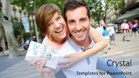  Presentation with logo barcelona - Presentation having travel fun - cheerful couple in la rambla background and a light blue colored foreground
