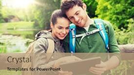  Presentation with tourism hiking - Amazing presentation theme having travel hiking backpacking tourism and people concept - smiling couple with backpacks and tablet pc computer in nature backdrop and a coral colored foreground