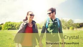  Presentation with tourism hiking - Beautiful PPT theme featuring travel hiking backpacking tourism and people concept - happy couple with backpacks holding hands and walking along country road outdoors backdrop and a yellow colored foreground