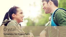  Presentation with tourism hiking - Presentation design consisting of travel hiking backpacking tourism and people concept - smiling couple with backpacks in nature looking and talking to each other background and a coral colored foreground