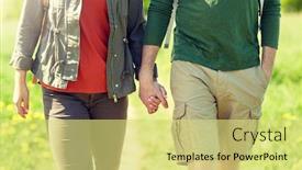  Presentation with tourism hiking - Cool new PPT theme with travel hiking backpacking tourism and people concept - close up of couple with backpacks holding hands and walking along country road backdrop and a yellow colored foreground