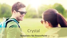  Presentation with tourism hiking - Audience pleasing presentation design consisting of travel hiking backpacking tourism and people concept - smiling couple with backpacks in nature looking at each other backdrop and a blonde colored foreground