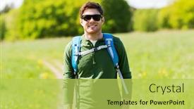 Presentation with tourism hiking - Presentation theme consisting of travel hiking backpacking tourism and people concept - happy young man in sunglasses with backpack walking outdoors background and a yellow colored foreground