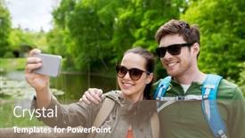  Presentation with tourism selfie - Theme with travel hiking backpacking tourism and people concept - smiling couple with backpacks taking selfie by smartphone in nature background and a coral colored foreground