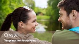  Presentation with tourism hiking - Audience pleasing slide set consisting of travel hiking backpacking tourism and people concept - smiling couple with backpacks in nature looking at each other backdrop and a violet colored foreground