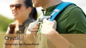  Presentation with tourism hiking - Slide deck consisting of travel hiking backpacking tourism and people concept - close up of couple with backpacks walking along country road background and a coral colored foreground