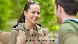  Presentation with tourism hiking - PPT theme consisting of travel hiking backpacking tourism and people concept - smiling couple with backpacks in nature looking and talking to each other background and a coral colored foreground