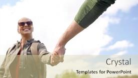  Presentation with tourism hiking - Cool new slides with travel hiking backpacking tourism and people concept - close up of happy couple with backpacks holding hands outdoors backdrop and a soft green colored foreground