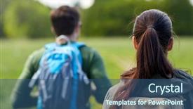  Presentation with tourism hiking - Beautiful PPT theme featuring travel hiking backpacking tourism and people concept - close up of couple with backpacks walking along country road backdrop and a ocean colored foreground