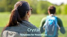  Presentation with tourism hiking - PPT layouts having travel hiking backpacking tourism and people concept - close up of couple with backpacks walking along country road background and a ocean colored foreground