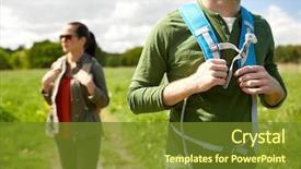  Presentation with tourism hiking - Slide deck featuring travel hiking backpacking tourism and people concept - close up of couple with backpacks walking along country road background and a tawny brown colored foreground