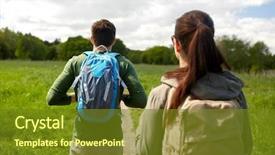  Presentation with tourism hiking - Presentation theme having travel hiking backpacking tourism and people concept - close up of couple with backpacks walking along country road background and a tawny brown colored foreground