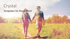  Presentation with tourism hiking - Slide deck consisting of travel hiking backpacking tourism and people concept - happy couple with backpacks holding hands and walking along country road outdoors background and a lemonade colored foreground